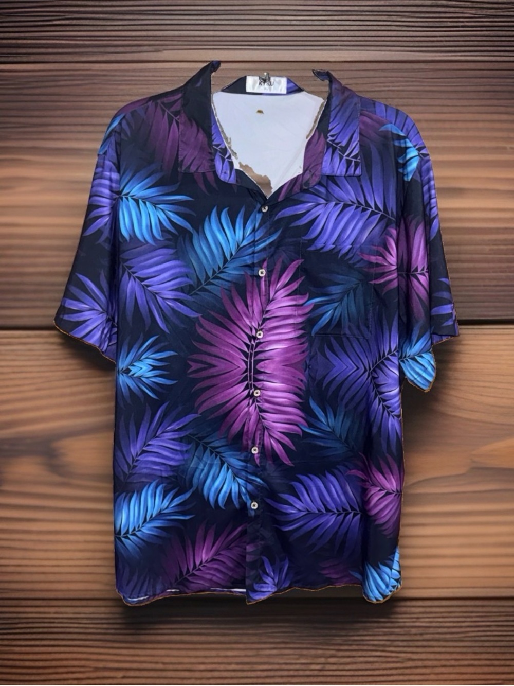 Men's Short-Sleeve Tropical Leaf Button-Down Shirt - Purple & Blue-XL-EC
